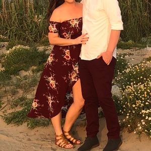 Off the shoulder floral maroon high low dress